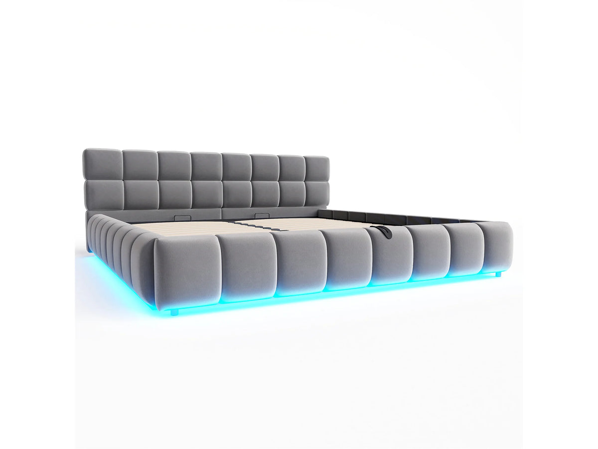 Lit Coffre 180x200 Velours Gris Capitonné avec LED — vue 6