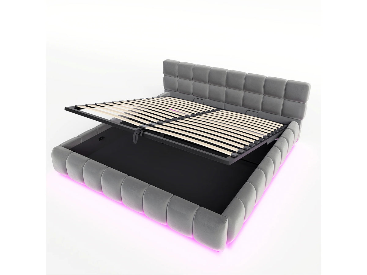 Lit Coffre 180x200 Velours Gris Capitonné avec LED — vue 8