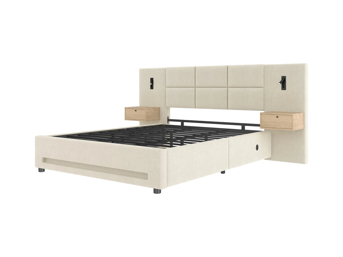 Lit Coffre 180x200 Velours Beige avec Chevets, LED et Port USB — vue 7