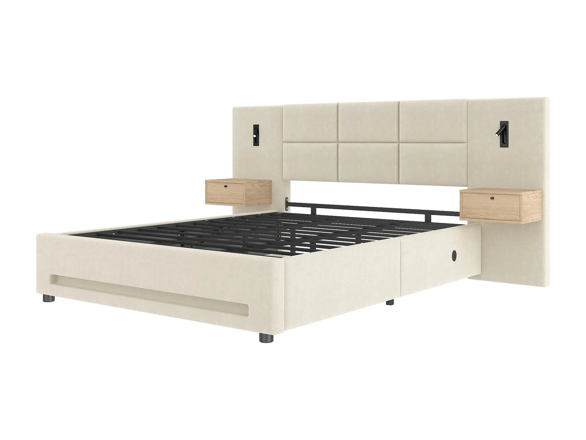 Lit Coffre 180x200 Velours Beige avec Chevets, LED et Port USB — vue 8