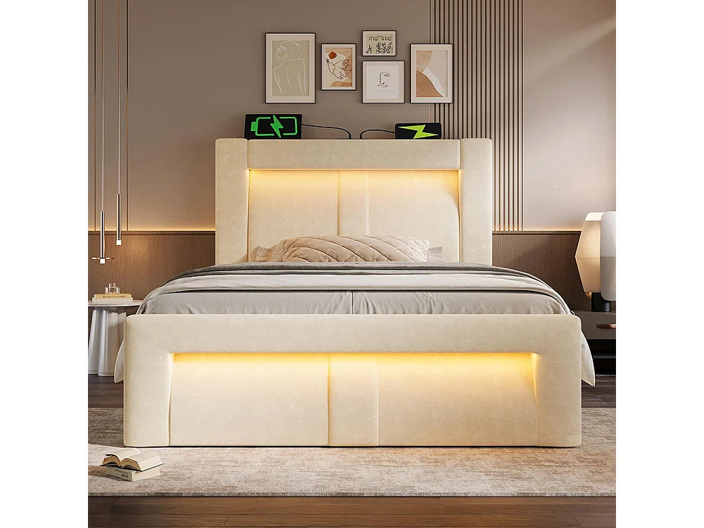 Lit Coffre 90x200 Velours Beige avec Chevets, LED et Port USB