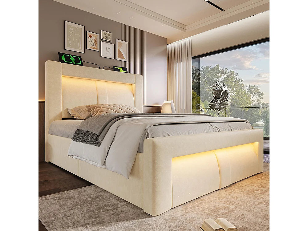 Lit Coffre 90x200 Velours Beige avec Chevets, LED et Port USB — vue 2
