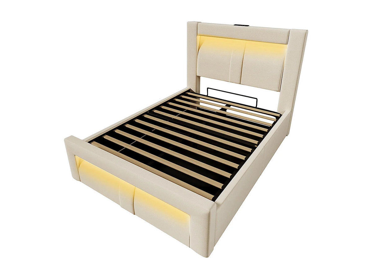Lit Coffre 90x200 Velours Beige avec Chevets, LED et Port USB — vue 4