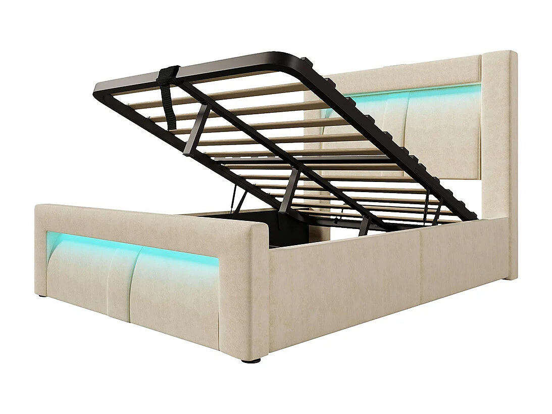 Lit Coffre 90x200 Velours Beige avec Chevets, LED et Port USB — vue 6