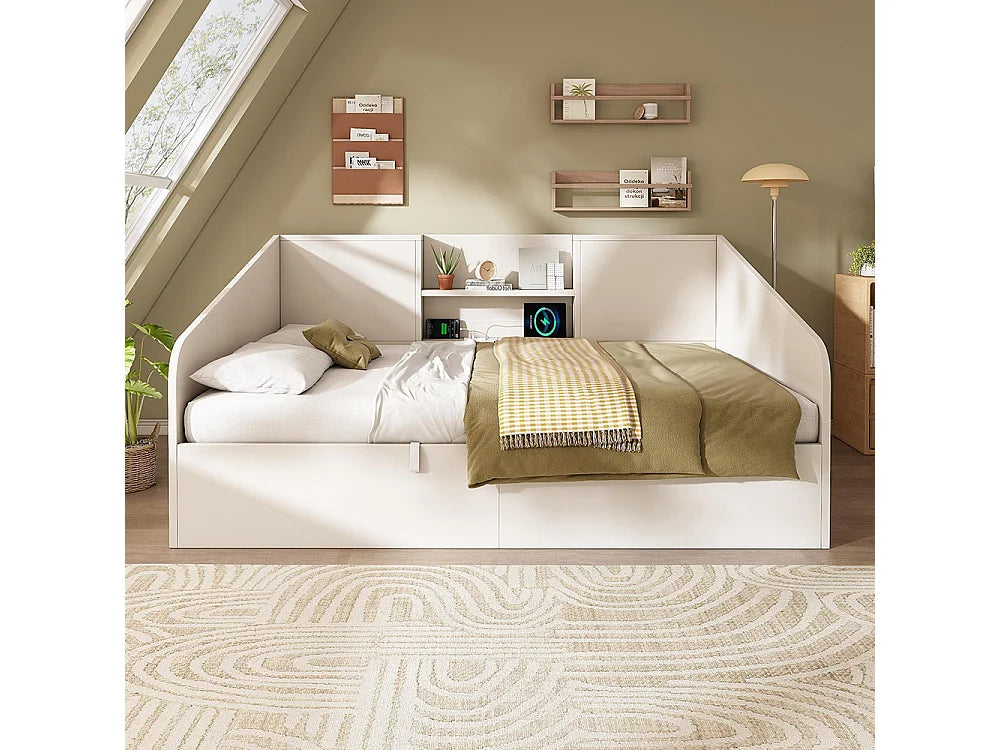 Lit Coffre 90x190 Bois Blanc avec Chevets et Port USB