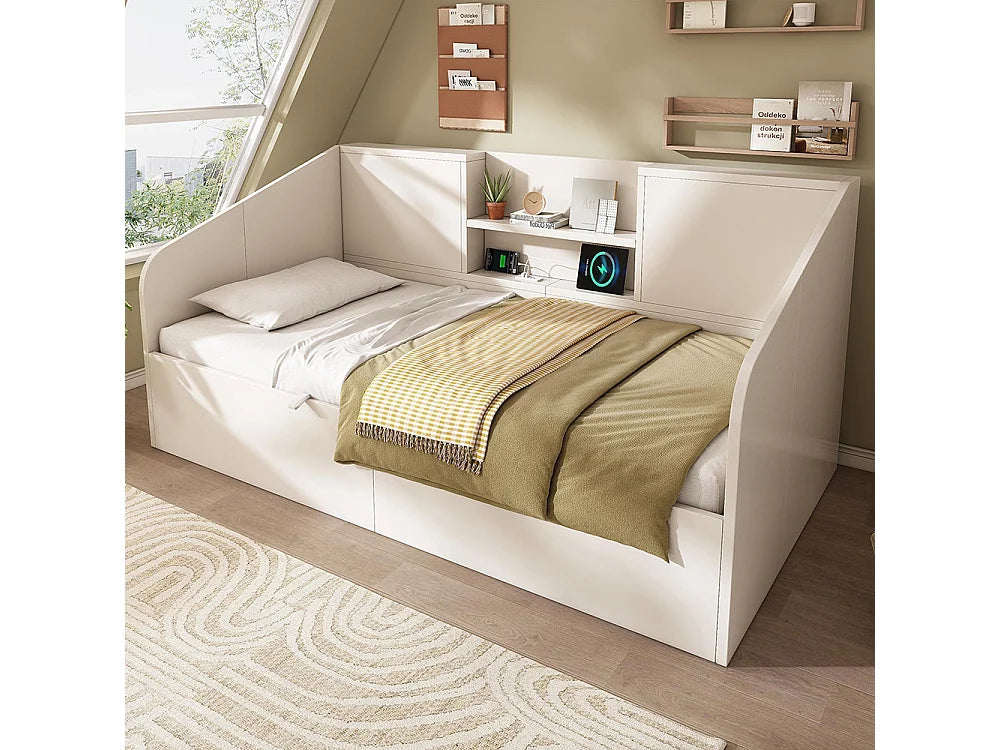 Lit Coffre 90x190 Bois Blanc avec Chevets et Port USB — vue 2