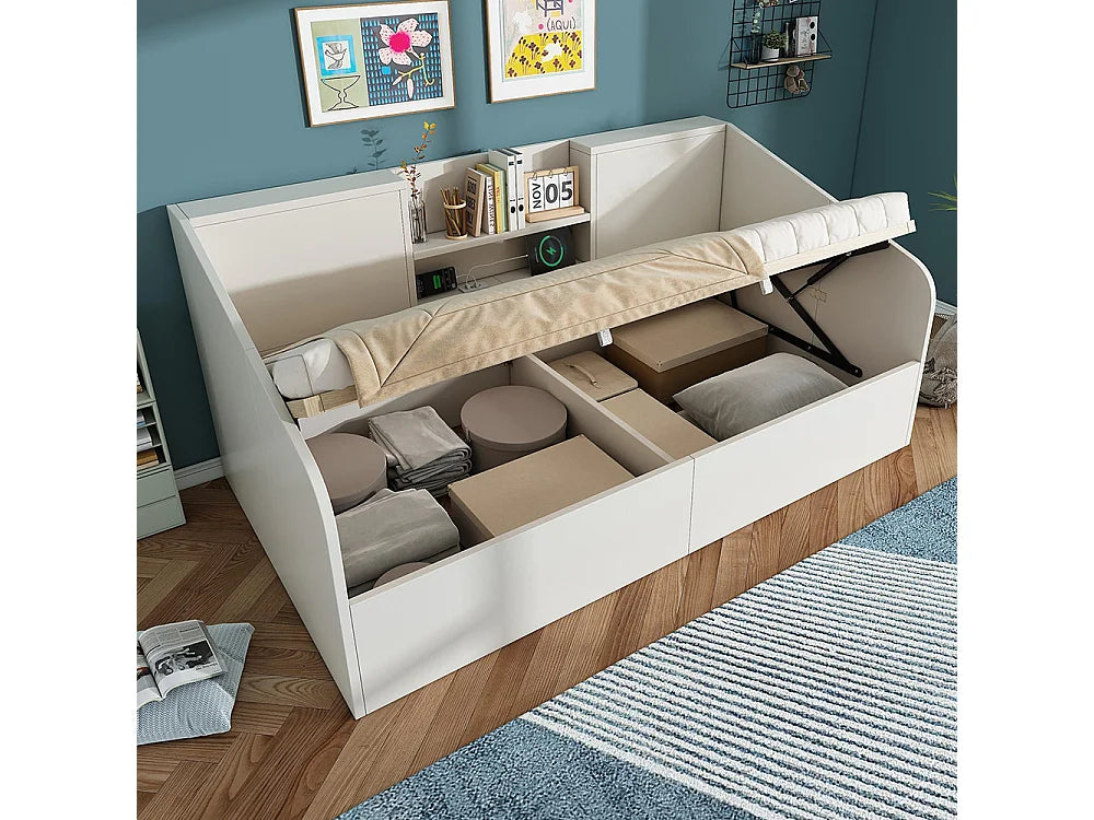 Lit Coffre 90x190 Bois Blanc avec Chevets et Port USB — vue 3