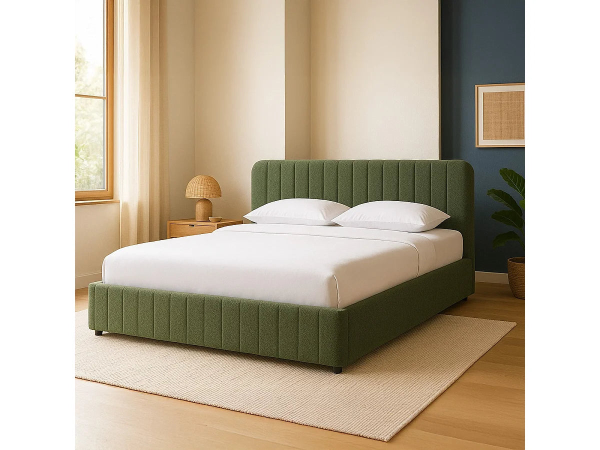 Lit Coffre 160x200 Tissu Bouclette Vert Capitonné
