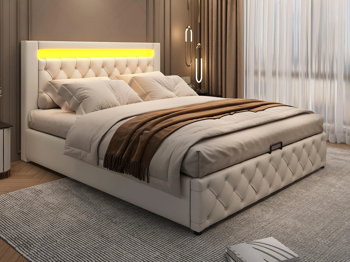 Lit Coffre 140x190 Simili Cuir Blanc avec LED