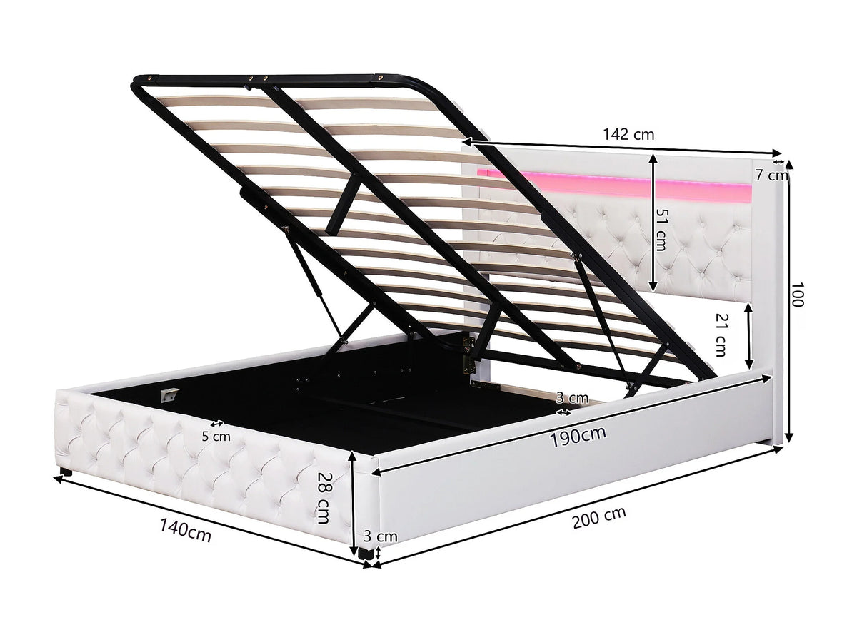 Lit Coffre 140x190 Simili Cuir Blanc avec LED — vue 7