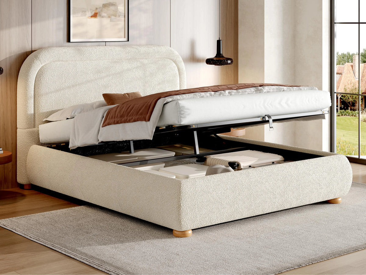 Lit Coffre 140x190 Tissu Bouclette Beige