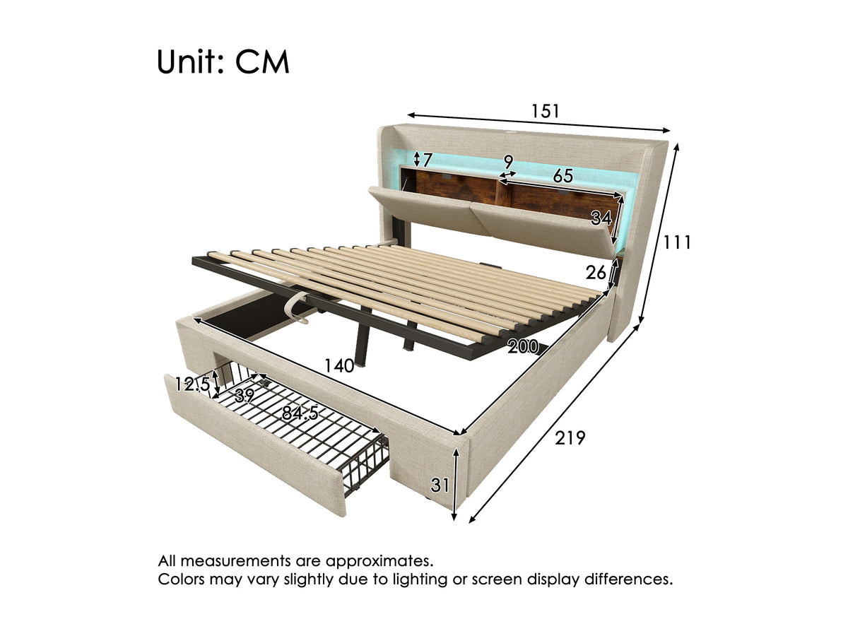 Lit Coffre 140x200 Tissu Lin Beige Capitonné avec LED, Tiroirs et Port USB — vue 6