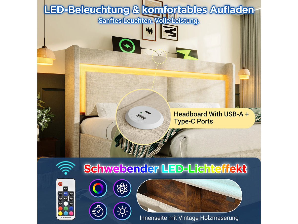 Lit Coffre 140x200 Tissu Lin Beige Capitonné avec LED, Tiroirs et Port USB — vue 8