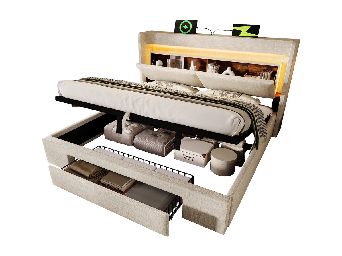 Lit Coffre 140x200 Tissu Lin Beige Capitonné avec LED, Tiroirs et Port USB — vue 5