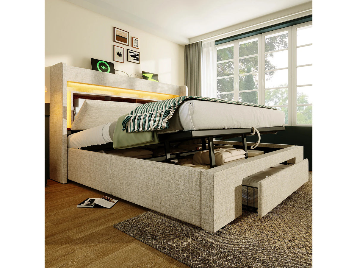 Lit Coffre 160x200 Tissu Lin Beige Capitonné avec LED, Tiroirs et Port USB — vue 4