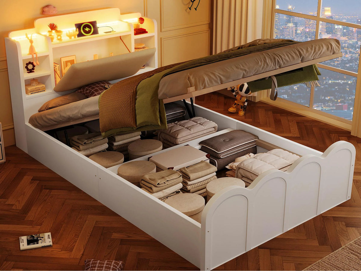 Lit Coffre 90x200 Bois Blanc avec LED et Port USB