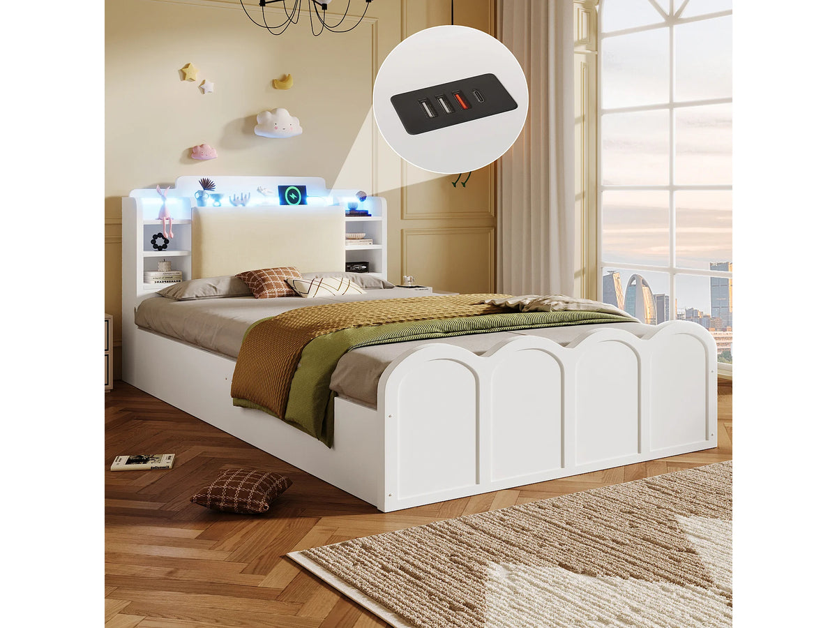 Lit Coffre 90x200 Bois Blanc avec LED et Port USB — vue 2
