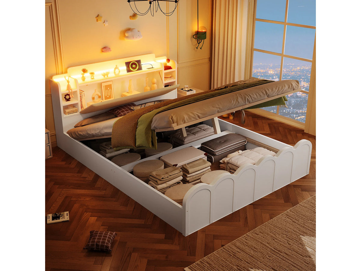 Lit Coffre 140x200 Bois Blanc avec LED et Port USB