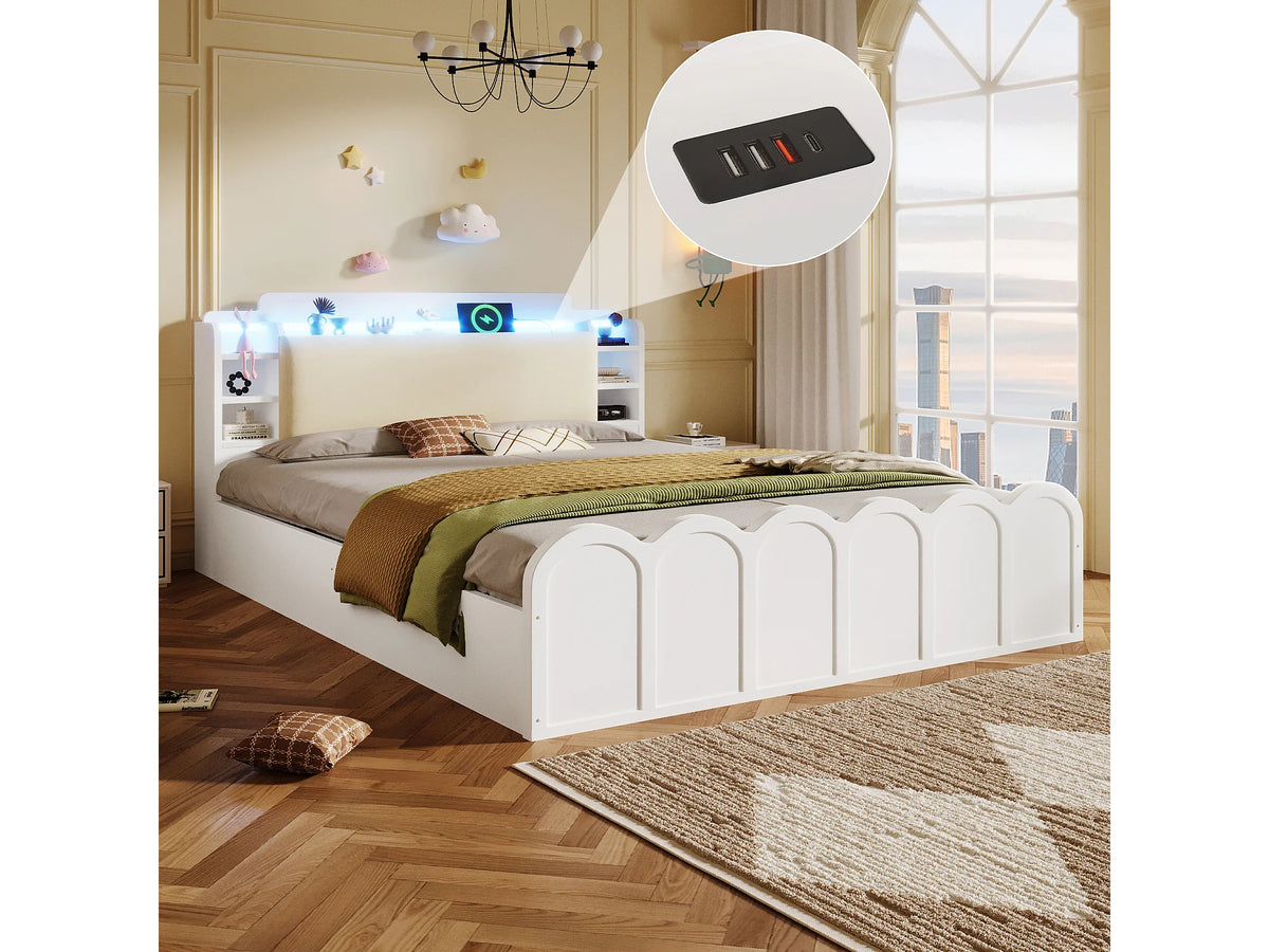 Lit Coffre 140x200 Bois Blanc avec LED et Port USB — vue 2