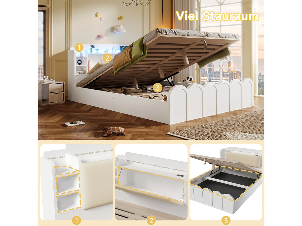 Lit Coffre 140x200 Bois Blanc avec LED et Port USB — vue 9