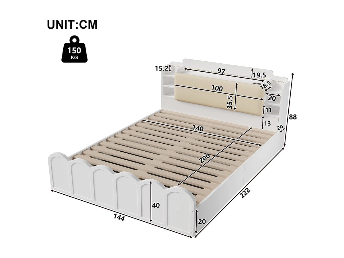 Lit Coffre 140x200 Bois Blanc avec LED et Port USB — vue 10