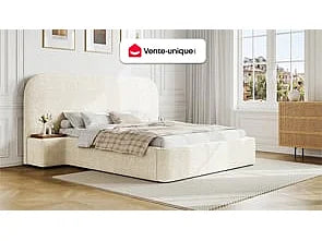 Lit Coffre 180x200 Tissu Bouclette Blanc avec Chevets — vue 9