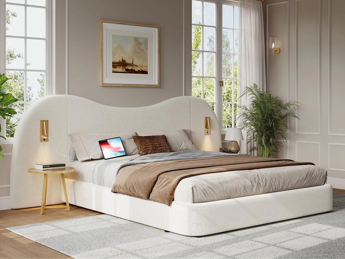 Lit Coffre 180x200 Tissu Bouclette Blanc avec Port USB