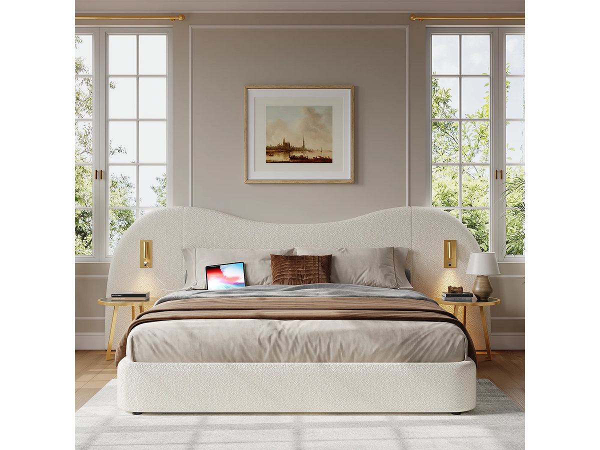 Lit Coffre 180x200 Tissu Bouclette Blanc avec Port USB — vue 2
