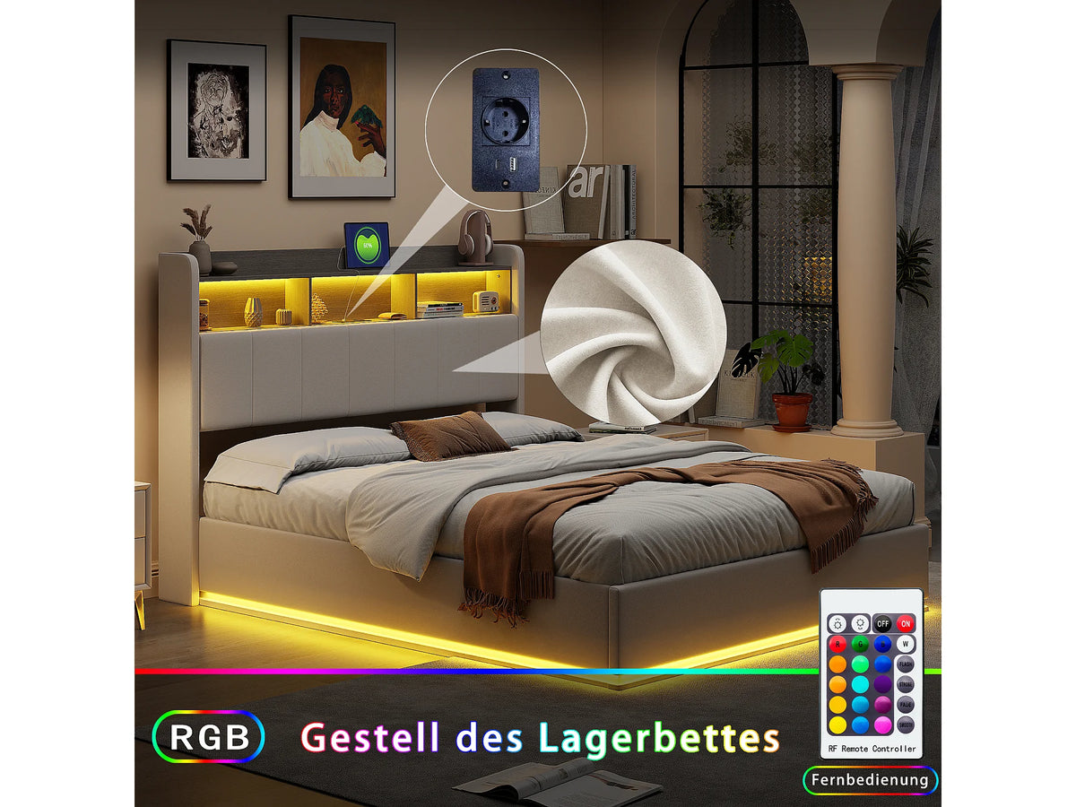 Lit Coffre 140x190 Velours Blanc avec LED et Port USB — vue 3
