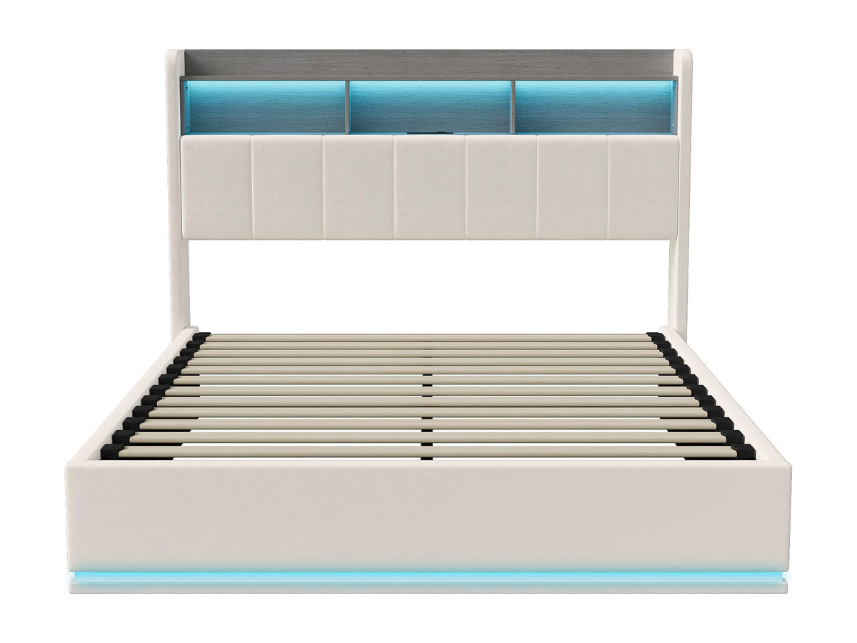 Lit Coffre 140x190 Velours Blanc avec LED et Port USB — vue 7