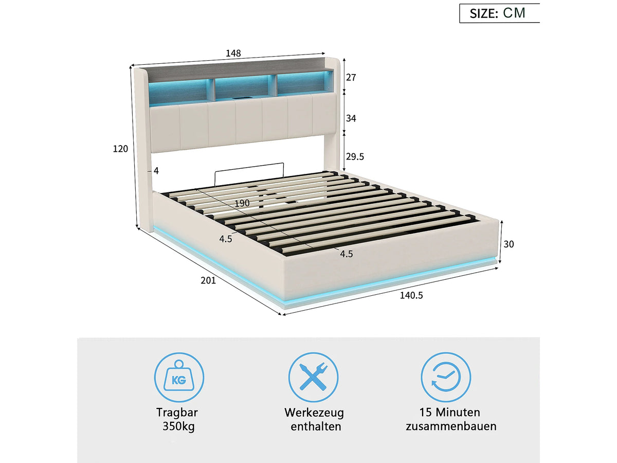 Lit Coffre 140x190 Velours Blanc avec LED et Port USB — vue 9