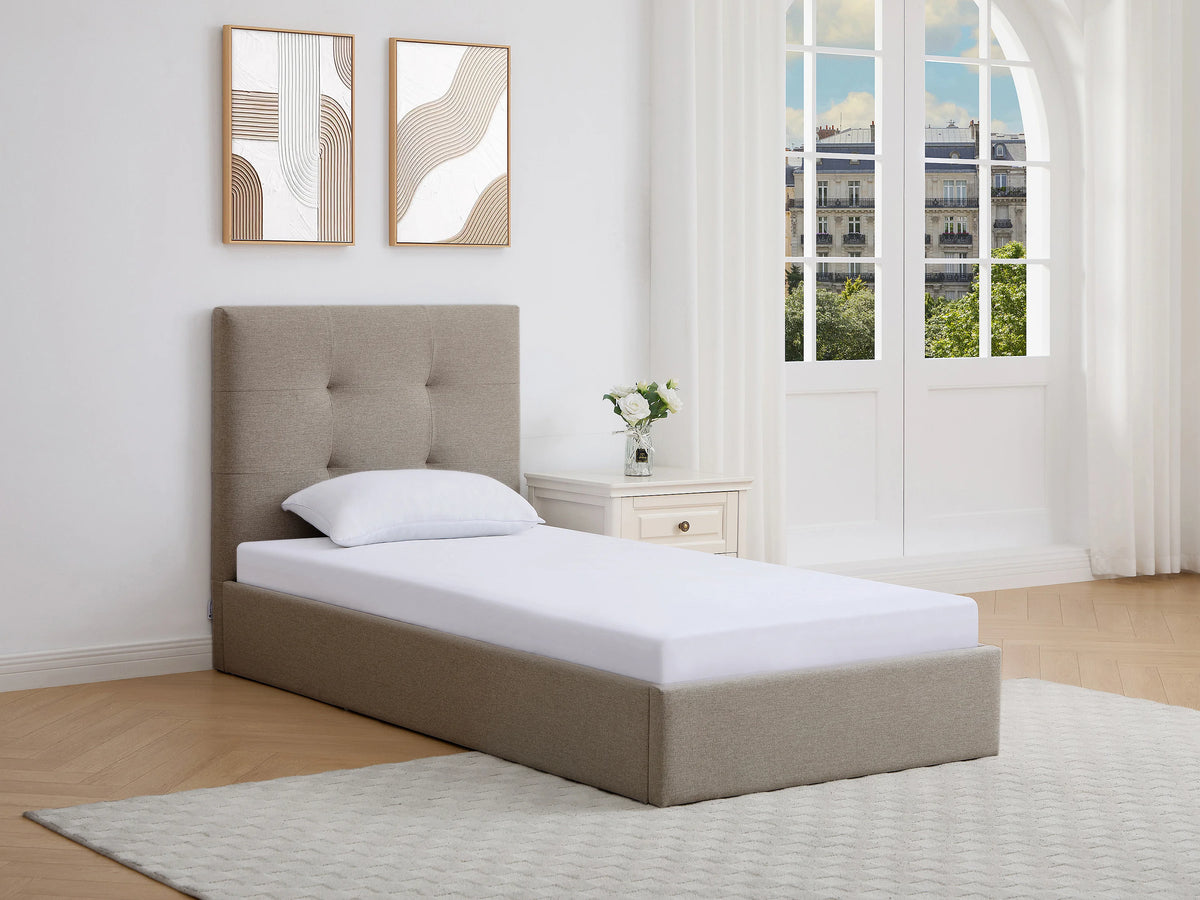 Lit Coffre 90x190 Tissu Taupe Capitonné - CALINIDA