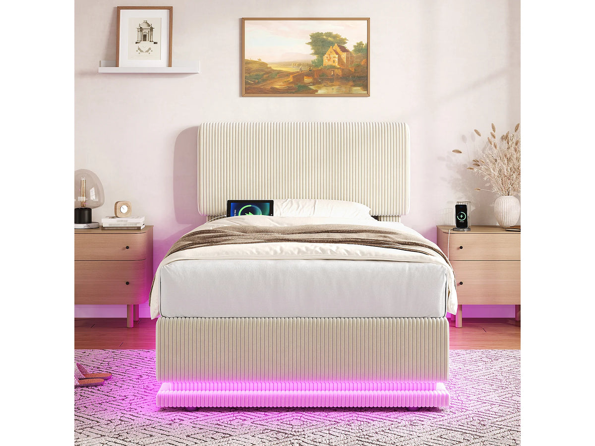 Lit Coffre 90x200 Velours Côtelé Beige avec LED et Port USB