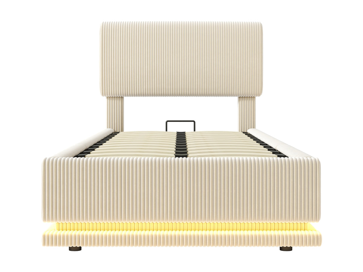 Lit Coffre 90x200 Velours Côtelé Beige avec LED et Port USB — vue 3