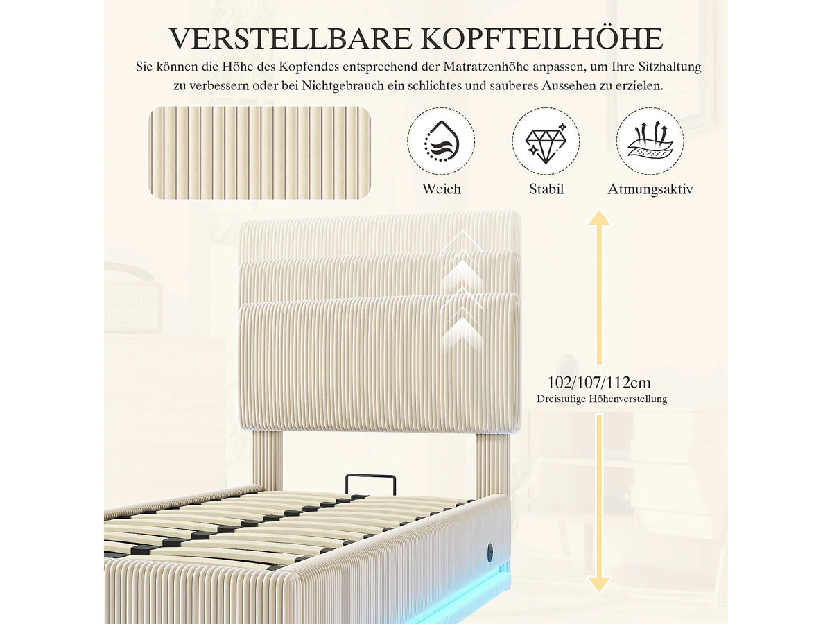 Lit Coffre 90x200 Velours Côtelé Beige avec LED et Port USB — vue 6