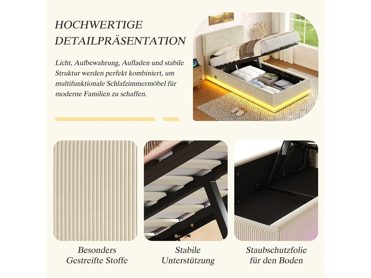 Lit Coffre 90x200 Velours Côtelé Beige avec LED et Port USB — vue 7