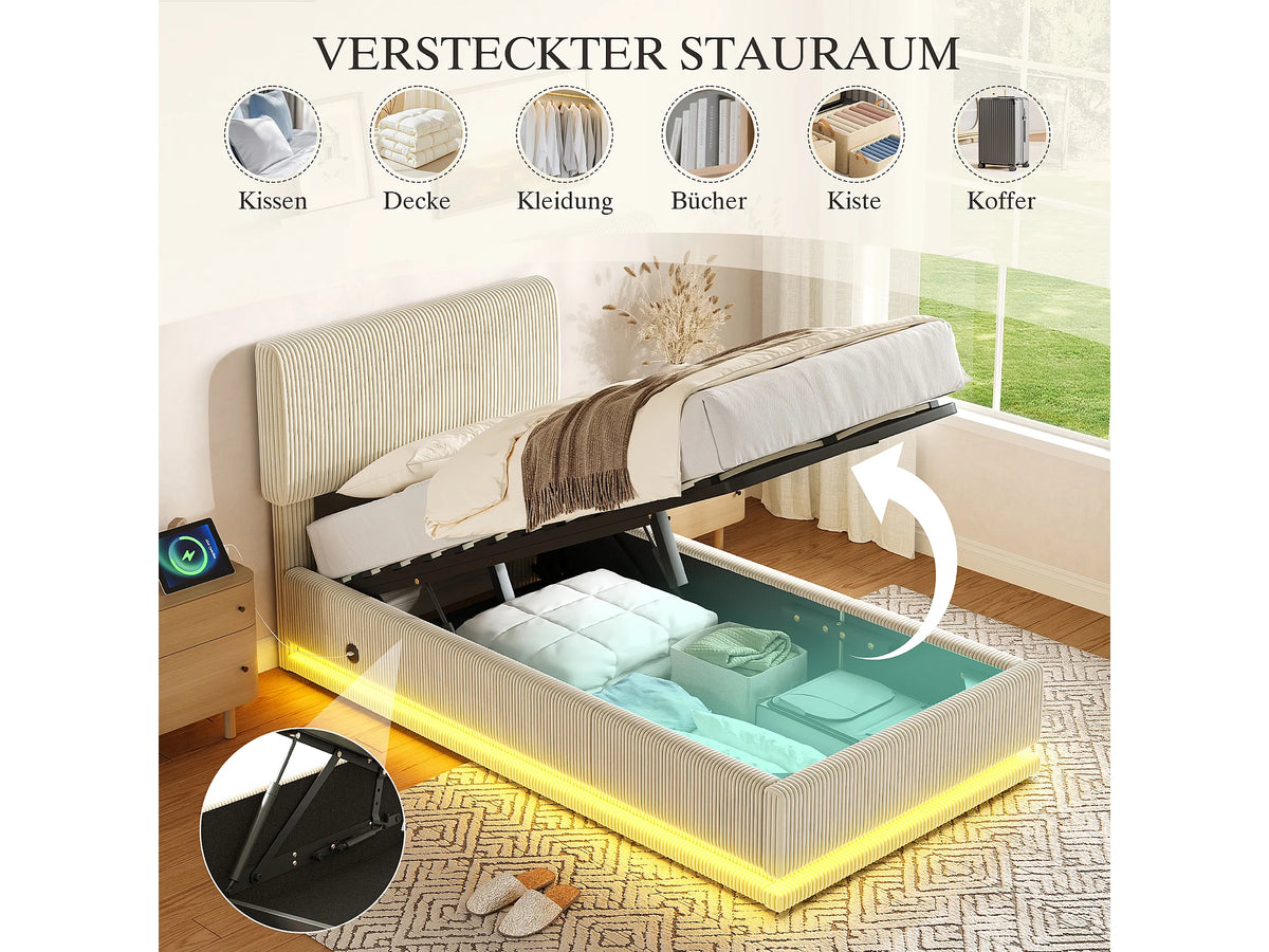 Lit Coffre 90x200 Velours Côtelé Beige avec LED et Port USB — vue 9