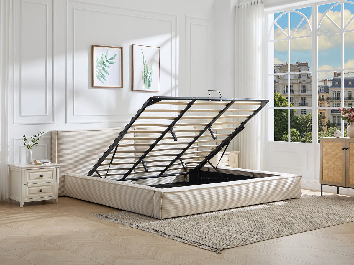 Lit Coffre 180x200 Velours Côtelé Beige - TAVESO — vue 2
