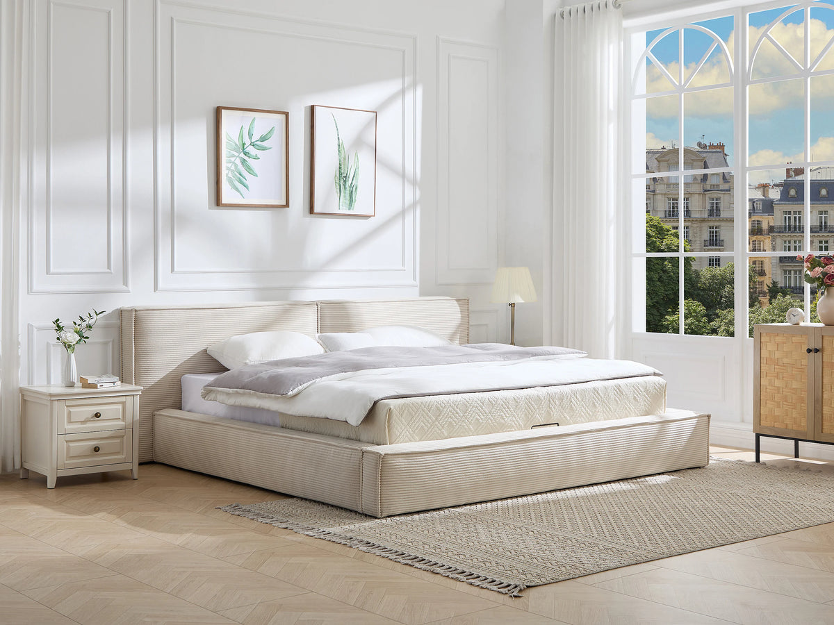 Lit Coffre 180x200 Velours Côtelé Beige - TAVESO
