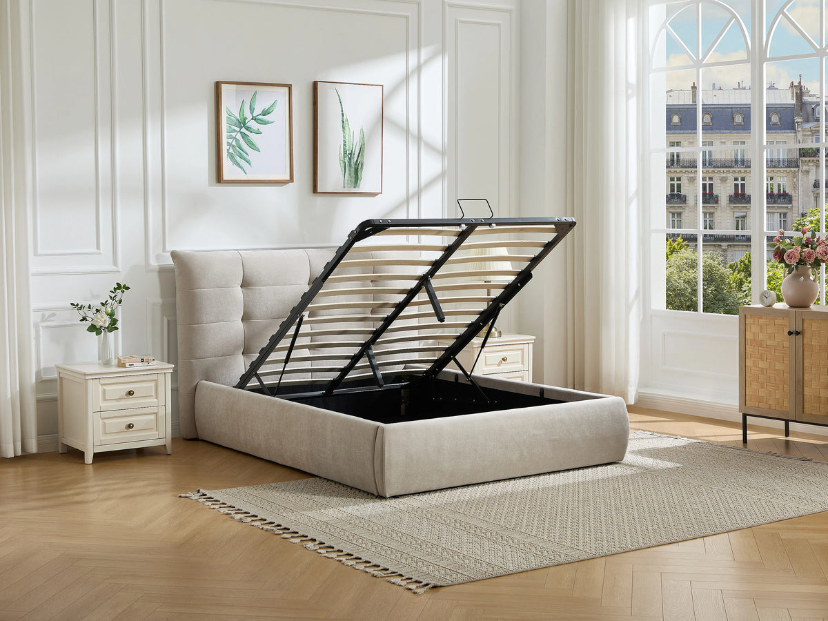 Lit Coffre 160x200 Tissu Beige Capitonné - DORMELINA — vue 2