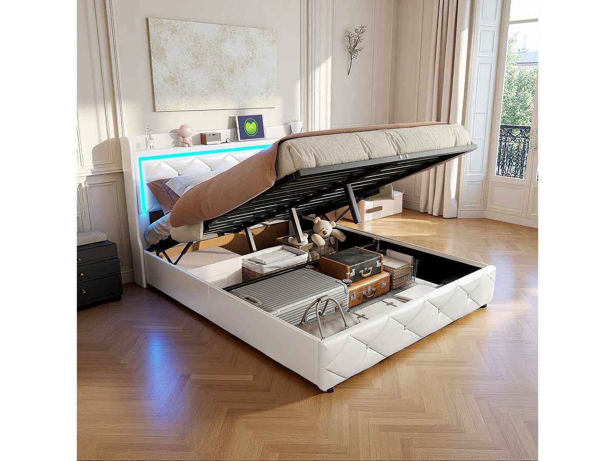 Lit Coffre 140x200 Simili Cuir Blanc Capitonné avec LED et Port USB