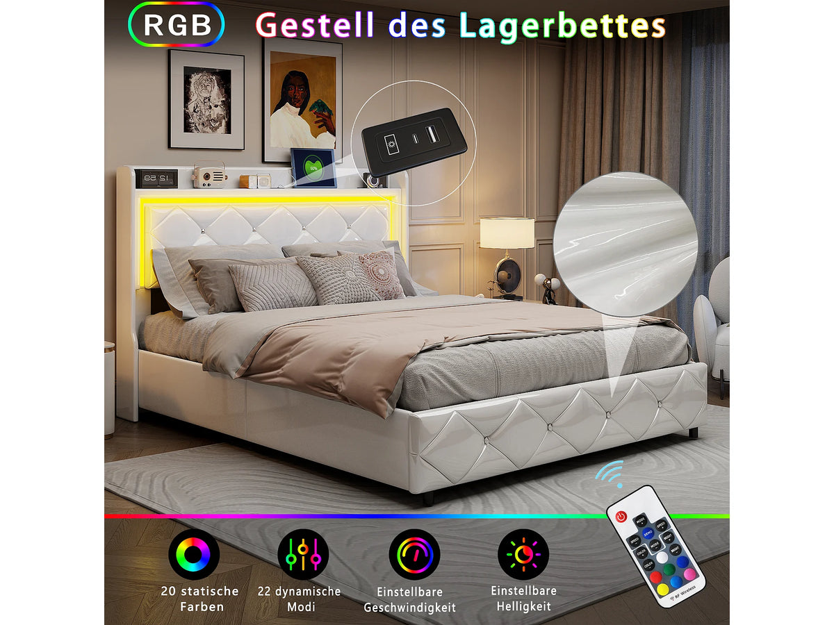 Lit Coffre 140x200 Simili Cuir Blanc Capitonné avec LED et Port USB — vue 4