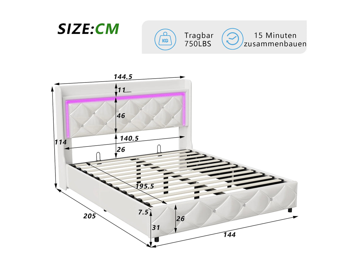 Lit Coffre 140x200 Simili Cuir Blanc Capitonné avec LED et Port USB — vue 8
