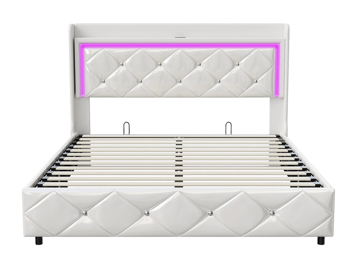 Lit Coffre 140x200 Simili Cuir Blanc Capitonné avec LED et Port USB — vue 5