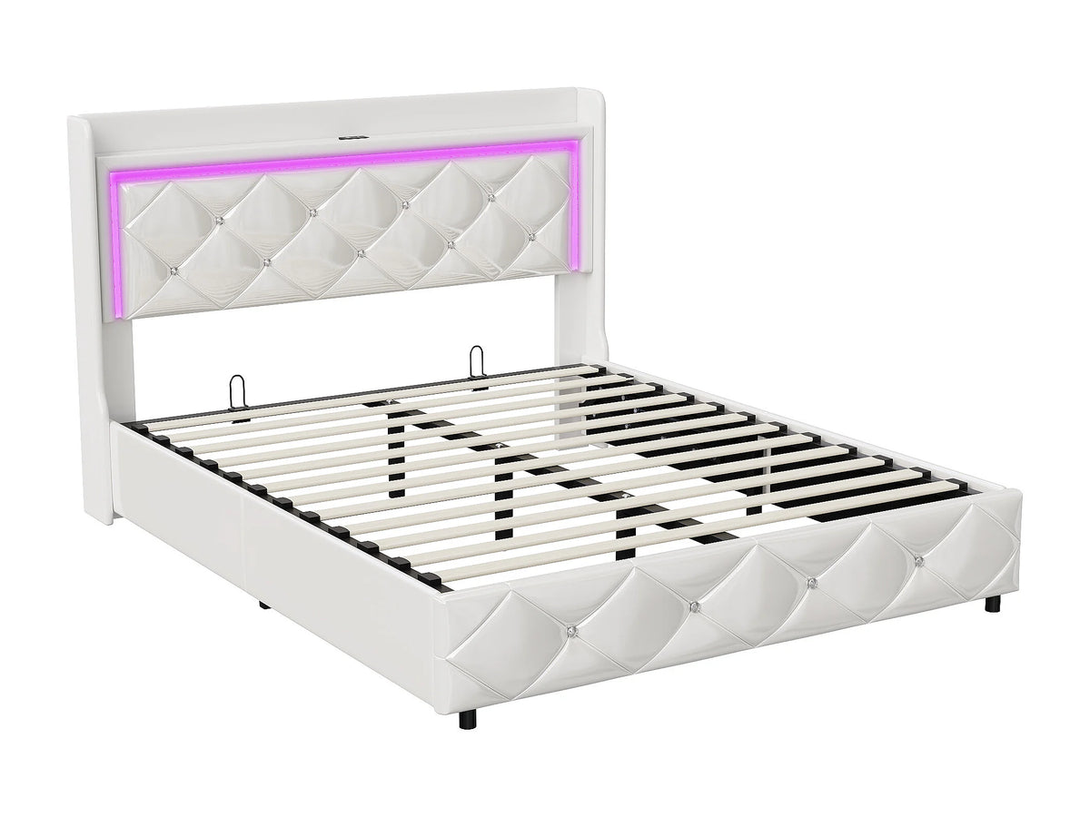 Lit Coffre 140x200 Simili Cuir Blanc Capitonné avec LED et Port USB — vue 10