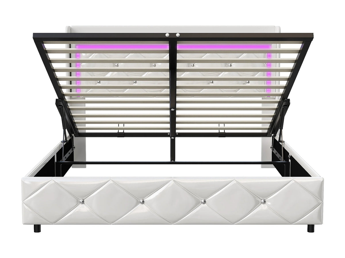 Lit Coffre 140x200 Simili Cuir Blanc Capitonné avec LED et Port USB — vue 6