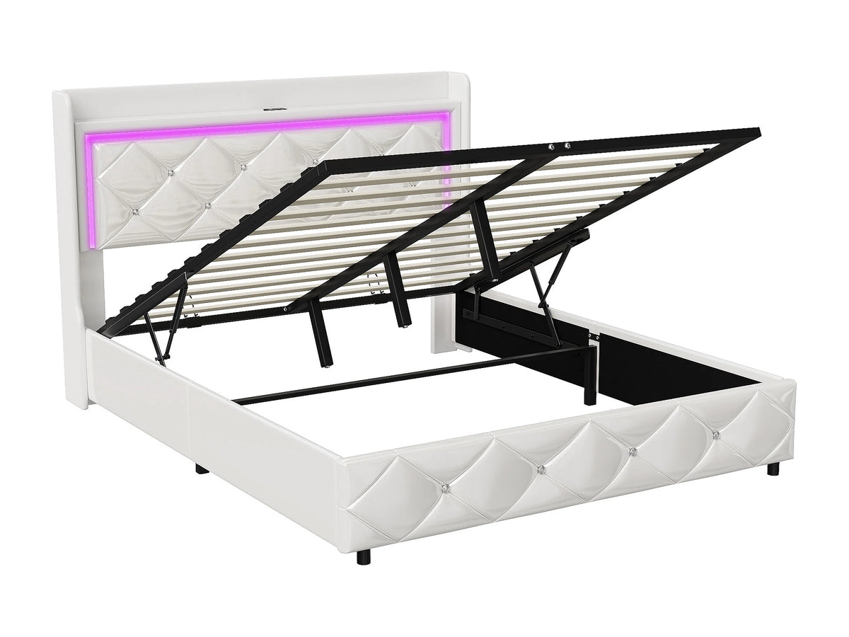 Lit Coffre 140x200 Simili Cuir Blanc Capitonné avec LED et Port USB — vue 7