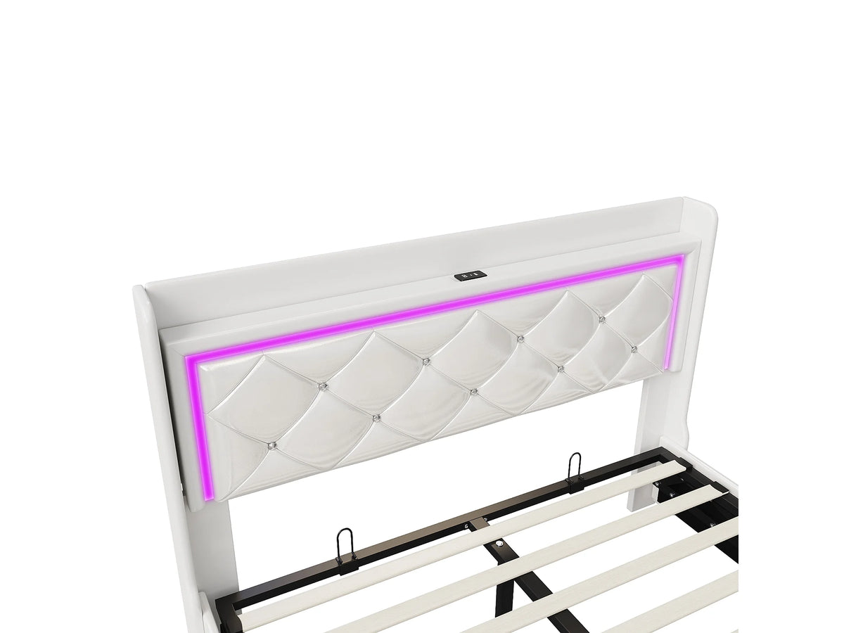 Lit Coffre 140x200 Simili Cuir Blanc Capitonné avec LED et Port USB — vue 9