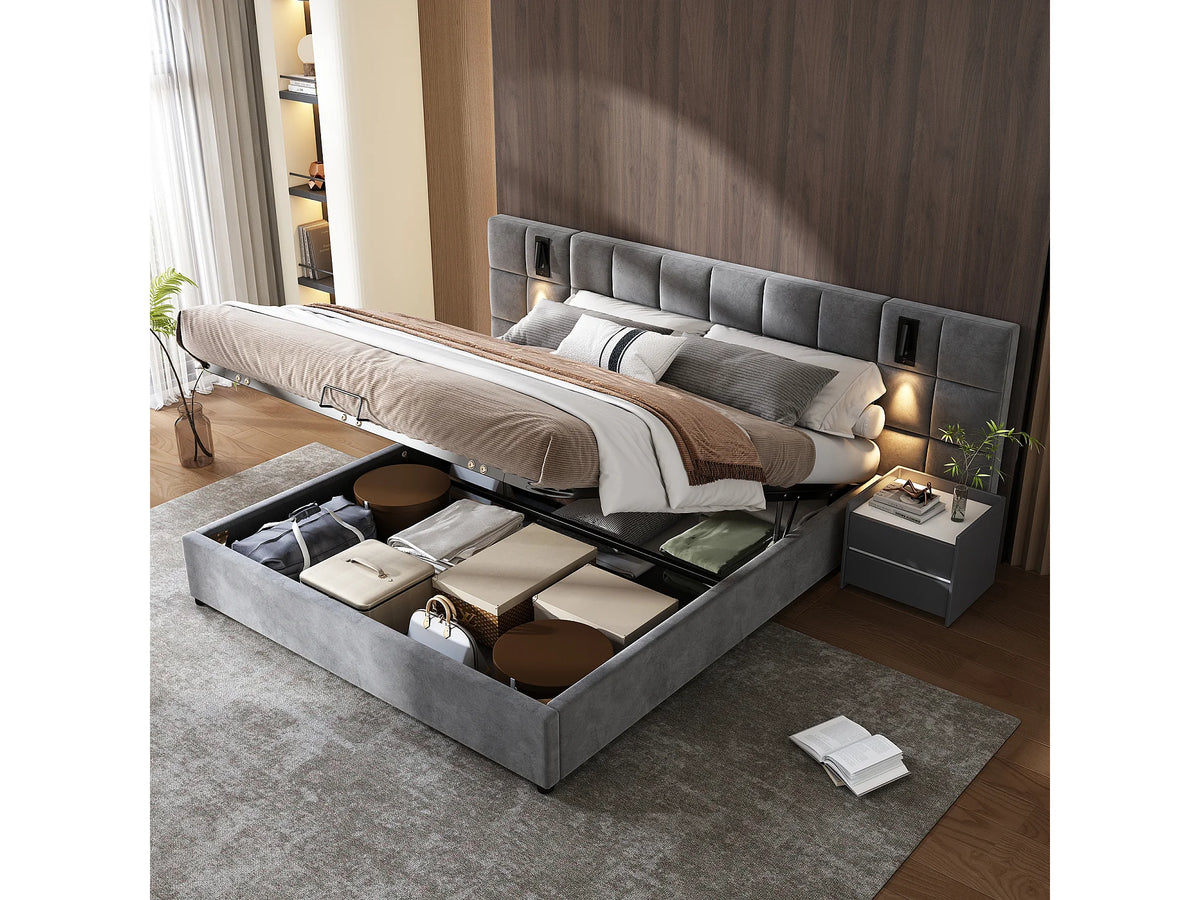 Lit Coffre 180x200 Velours Gris avec Chevets, LED et Port USB — vue 2