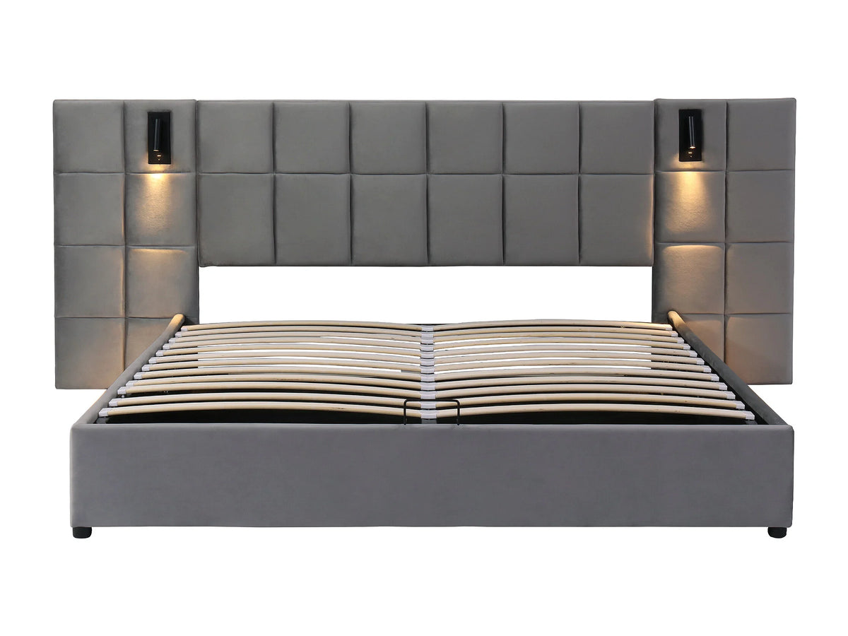 Lit Coffre 180x200 Velours Gris avec Chevets, LED et Port USB — vue 5